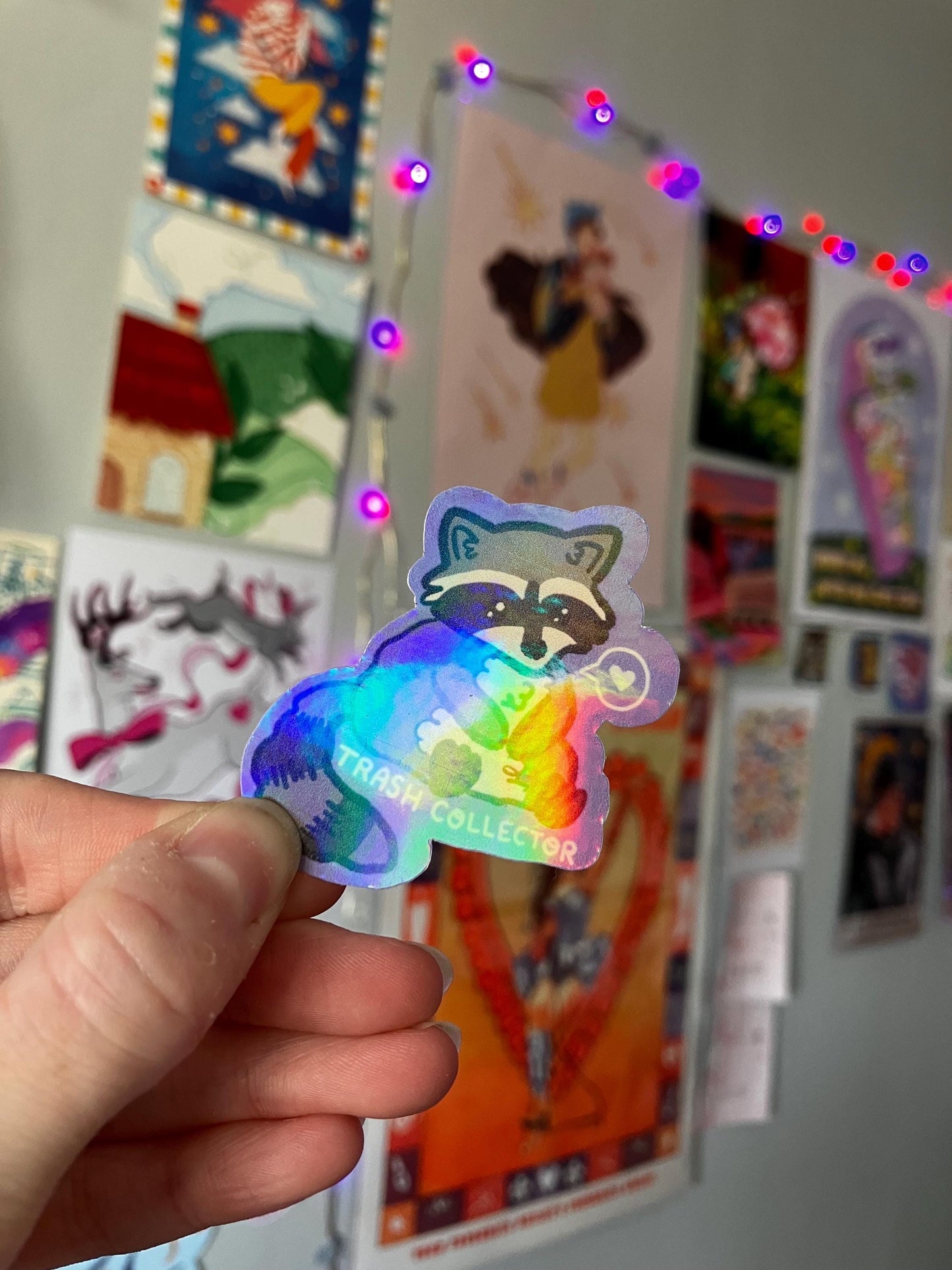 Trash collector raccoon holographic sticker