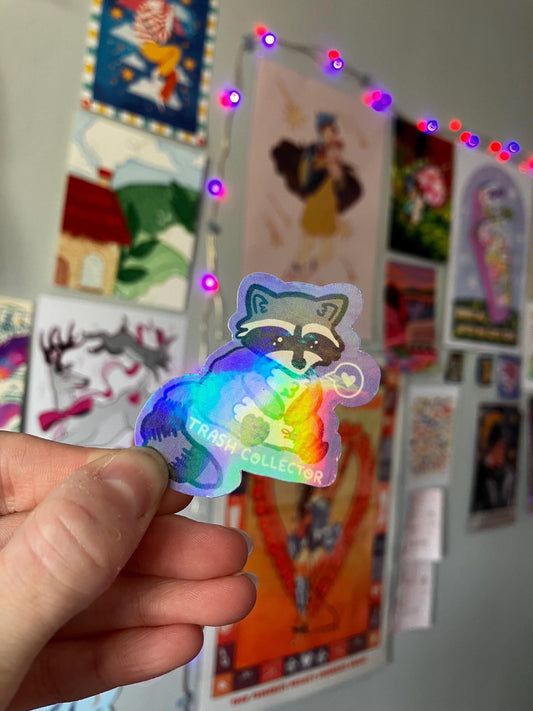 Trash collector raccoon holographic sticker