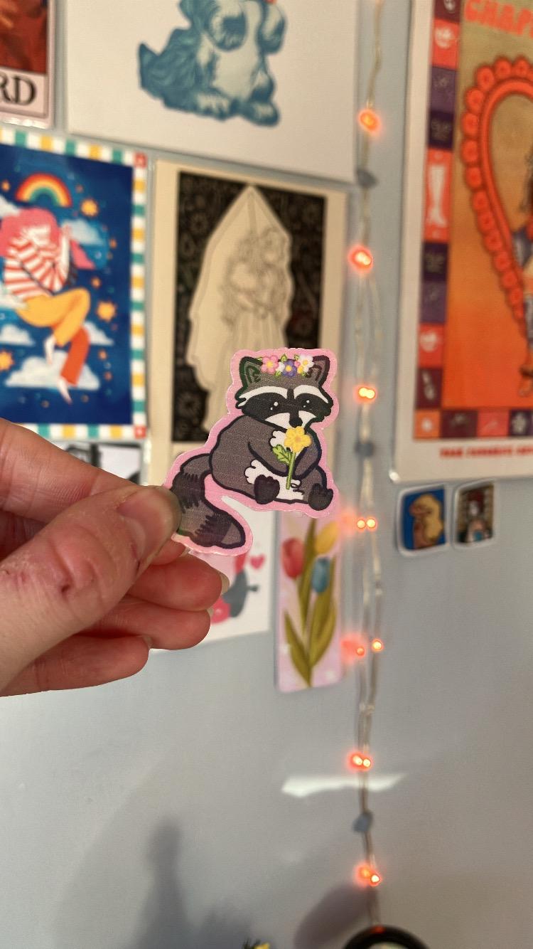 Flower raccoon holographic sticker