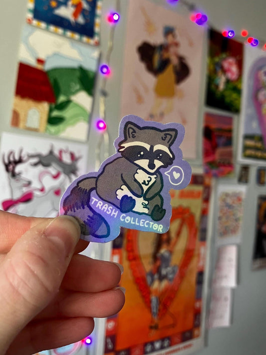 Trash collector raccoon holographic sticker