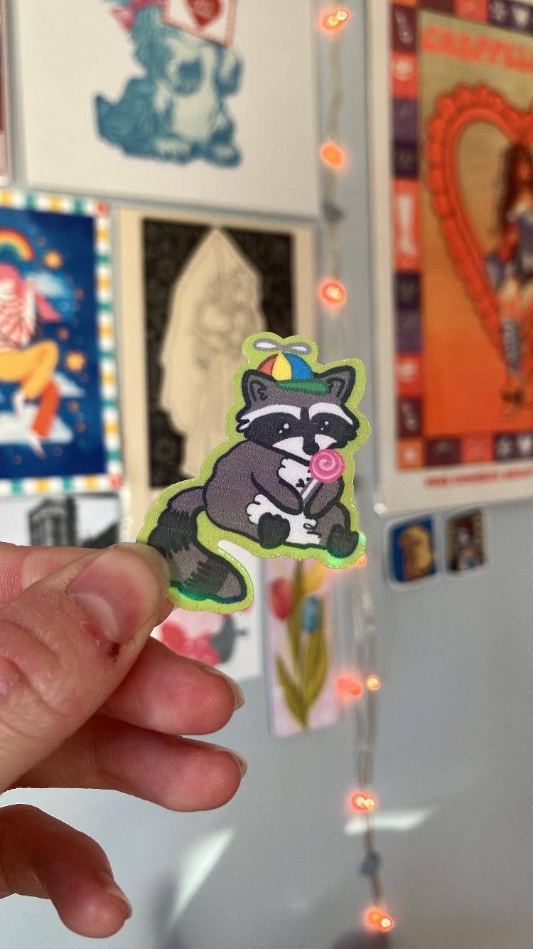 Lollipop raccoon holographic sticker