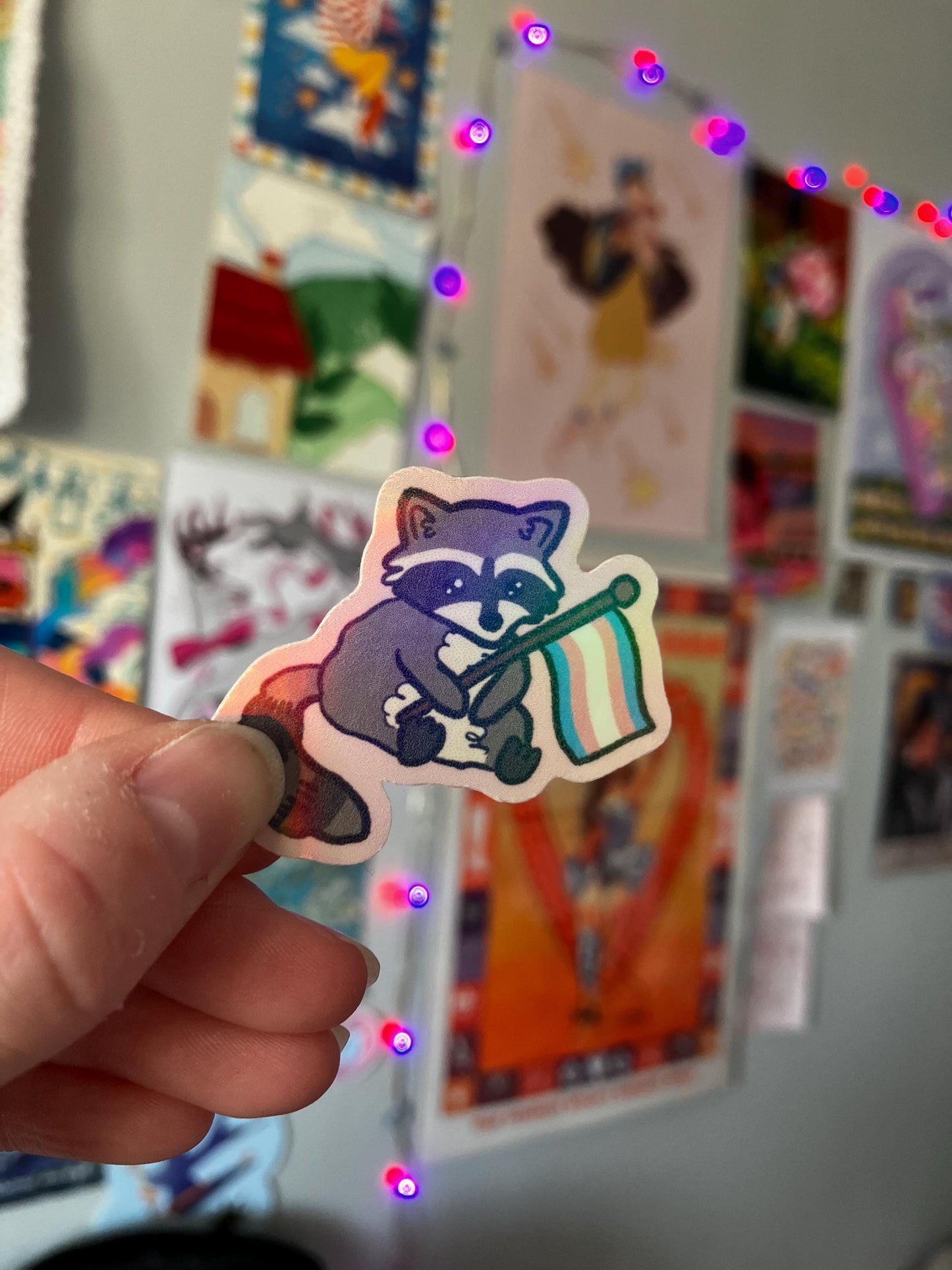 Pride flag Raccoon holographic sticker