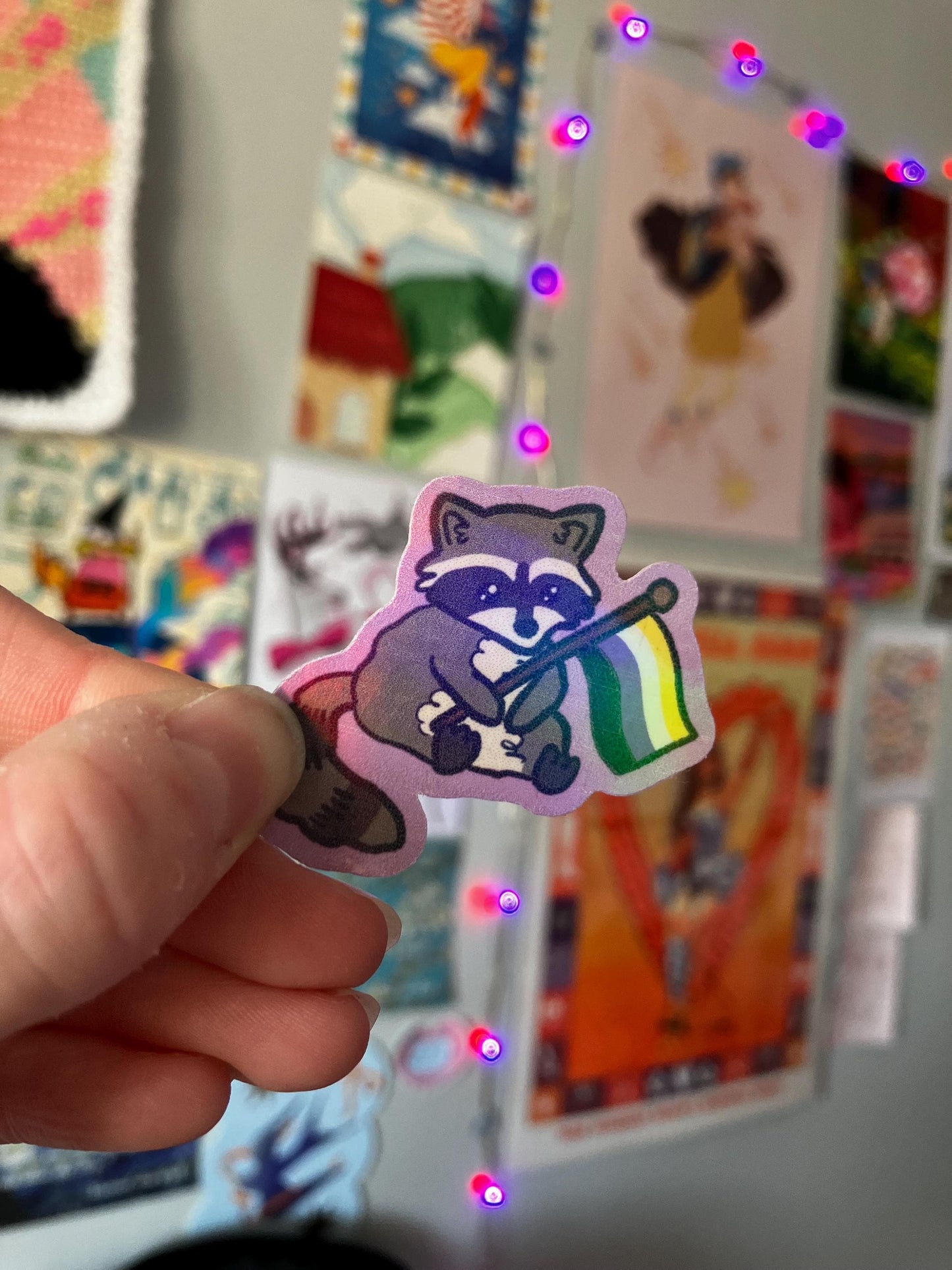 Pride flag Raccoon holographic sticker