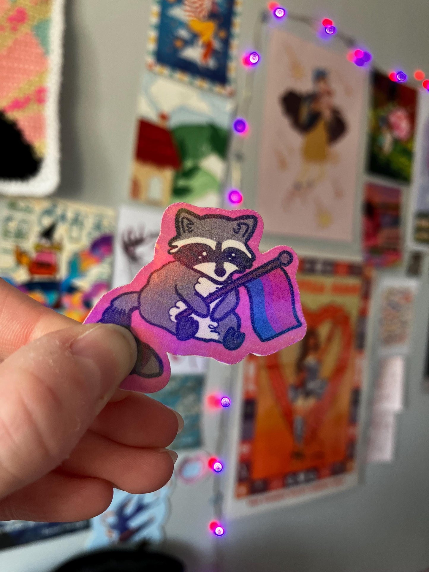 Pride flag Raccoon holographic sticker
