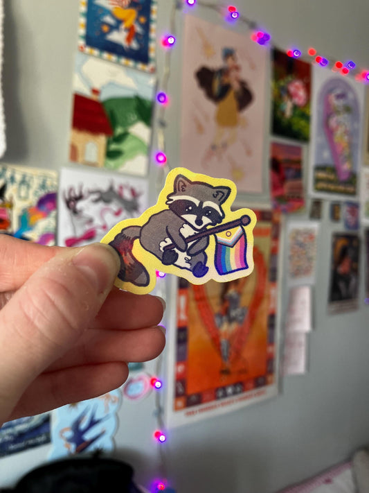 Pride flag Raccoon holographic sticker
