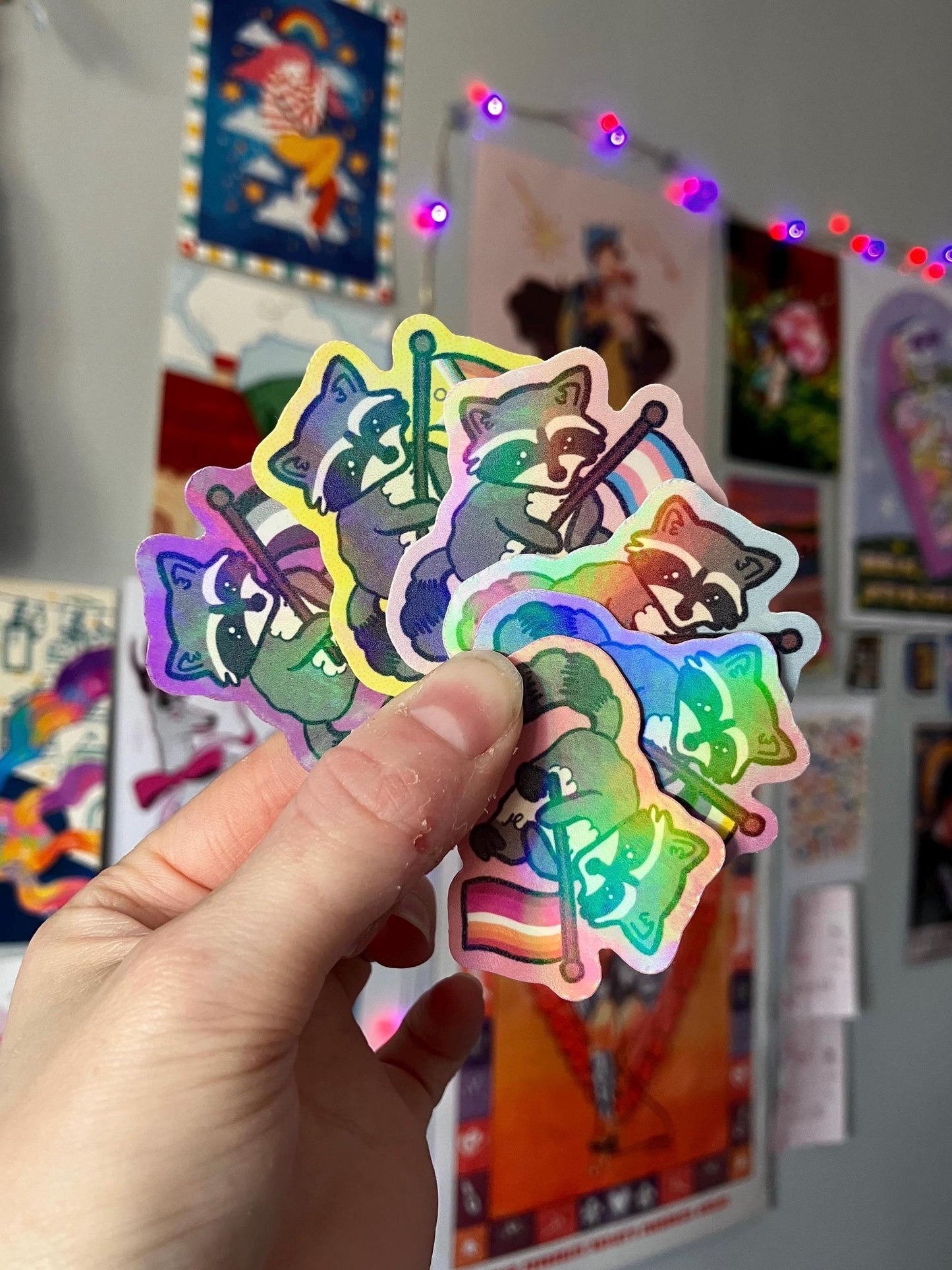 Pride flag Raccoon holographic sticker